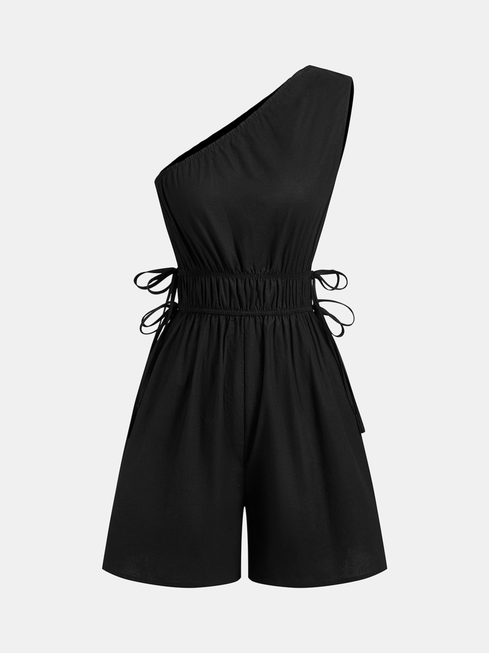 Commense One-Shoulder Cotton Tie-Side Smocked Romper